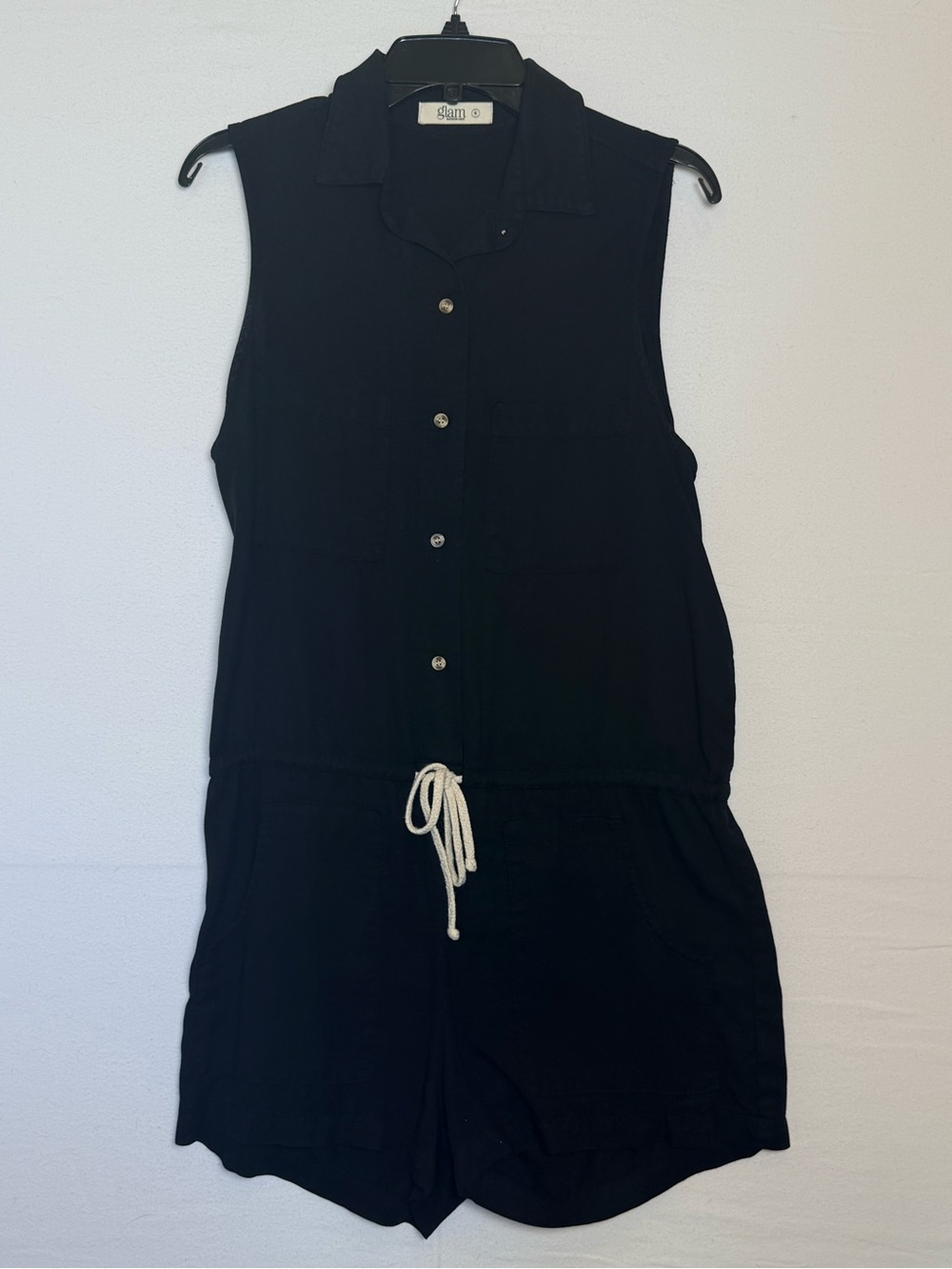 glam Black Sleeveless Button Front Romper with Drawstring